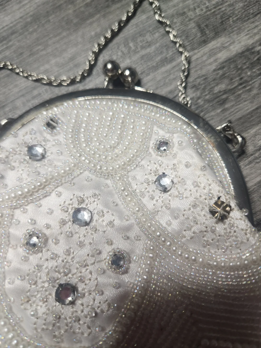 Vintage La Regale Purse White Beaded Evening Clutch, Chain Strap, Kiss Lock